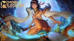 anklet blue_eyes breasts dark_skin mathilda_(mobile_legends) mobile_legends mobile_legends:_bang_bang nipples partially_clothed schmunch squatting staff toeless_footwear