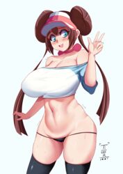 1girls alternate_breast_size alternate_version big_breasts blue_eyes blush breasts brown_hair cap curvy_figure double_bun huge_breasts long_hair nintendo peace_sign pokemon pokemon_bw2 rosa_(pokemon) solo standing thick_thighs thighhighs thong tiger1001 twintails wide_hips