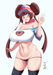 1girls alternate_breast_size alternate_version big_breasts blue_eyes blush breasts brown_hair cap curvy_figure double_bun huge_breasts long_hair nintendo peace_sign pokemon pokemon_bw2 rosa_(pokemon) solo standing thick_thighs thighhighs thong tiger1001 twintails wide_hips