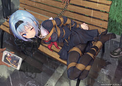 1girls bench black_hairband blue_eyes blue_hair bondage bra_visible_through_clothes camera chained chains collar feet_together hair_ornament hairband hands_behind_back hands_tied hands_together hogtie one_eye_closed pantyhose phone phone_screen public rain raining recording rope rope_bondage ryuuou_no_oshigoto! see-through see-through_clothing shibari shoes short_hair small_breasts smartphone snowflake_hair_ornament sora_ginko tied tied_up tokinohimitsu wet wet_clothes wet_clothing wet_shirt