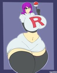 1girls bottom_heavy clothed clothing cosplay elbow_gloves female female_only futa_on_female gloves huge_breasts human hyper hyper_hips igphhangout light_skin pokemon purple_hair shelly_(igphhangout) solo superix tagme team_rocket thighhighs