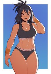 1girls abs beauty_mark black_hair boku_no_hero_academia calvin_klein clothed covered_breasts female_focus fit fit_female milf muscular_female my_hero_academia nana_shimura solo suoiresnu tank_top wristband