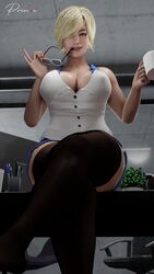 1girls 3d artist_name blonde_hair busty cleavage dc dc_comics desk full_cleavage glasses glasses_in_mouth hourglass_figure huge_breasts karen_starr miniskirt mug nipple_bulge office_lady painted_nails pencil_skirt plunging_neckline power_girl prinxe secretary short_hair sitting_on_desk solo solo_female stockings superman_(series) tagme thighhighs white_shirt wide_hips