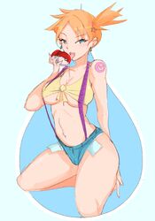 1girls 9_9bird blue_eyes breasts denim denim_shorts female female_only kasumi_(pokemon) legs licking misty_(pokemon) navel nintendo orange_hair pokeball pokemon pokemon_rgby red_hair short_shorts shorts solo suspenders thighs