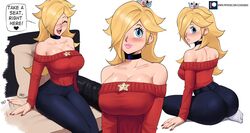 1girls alternate_breast_size alternate_costume ass bare_shoulders big_breasts blonde_hair blue_eyes breasts busty choker cleavage clothed curvy cute echosaber english_text female female_focus female_only fully_clothed hair_over_one_eye happy hourglass_figure large_breasts long_hair looking_at_viewer mario_(series) multiple_views nintendo pants pose posing princess_rosalina red_sweater sitting smile solo speech_bubble super_mario_galaxy sweater tagme text tight_clothing tight_pants wide_hips