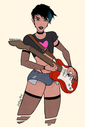 1boy black_hair blue_highlights brown_eyes bulge bulge_through_clothing choker crop_top dafuqart denim_shorts electric_guitar eyebrow_piercing femboy fishnets girly guitar highleg_panties looking_at_viewer musical_instrument musician original_character painted_nails panties punk revealing_clothes rock_star rocker rockstar solo stockings