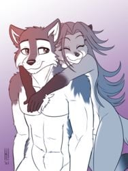 2021 5_fingers anthro brutus_(twokinds) canid canine canis chest_tuft closed_eyes comforting digital_media_(artwork) duo female fingers fox fur gloves_(marking) hair heresy_(artist) hi_res hug hugging_from_behind humanoid_hands keidran laura_(twokinds) long_hair looking_at_another looking_back looking_back_at_another male male/female mammal markings navel nude portrait signature smile three-quarter_portrait tuft twokinds webcomic wolf