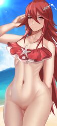 1girls arcedo bare_arms bare_legs bare_shoulders beach belly belly_button big_breasts bikini bottomless cordelia_(fire_emblem) cordelia_(summer)_(fire_emblem) exhibitionism female fire_emblem fire_emblem_awakening fire_emblem_heroes gloves hair_between_eyes hair_ornament long_hair looking_at_viewer medium_breasts midriff milf nintendo no_panties pussy red_bikini red_eyes red_hair red_swimsuit seaside smile solo solo_female sunlight swimsuit thighs very_long_hair wide_hips