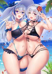 2girls beach big_breasts bikini blush breasts eyebrows_visible_through_hair female female_focus flower flower_in_hair hair hat heterochromia large_breasts long_hair looking_at_viewer nipples peace_sign short_hair square_bikini standing swimsuit thick_thighs tongue tongue_out tori_(puru0083) water white_hair white_hat wide_hips