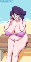 arms_on_breasts beach belly belly_button big_belly big_breasts bikini bikini_bottom bikini_top bra chubby eyelashes eyewear female female_focus female_only glasses green_eyes light-skinned_female light_skin looking_at_viewer maniacalfork overweight panties pokemon pokemon_sm purple_hair sand shiny_skin short_hair sitting smile solo solo_female solo_focus thick_ass thick_thighs thighs water watermark wicke_(pokemon)