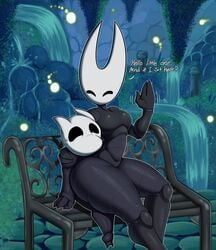 1boy 1girls 2021 4k anthro ass bench big_ass breasts clothed clothed_sex clothes clothing cute dialogue english_text fat_ass female gentle_femdom hi_res highres hollow_knight hornet_(hollow_knight) huge_butt larger_female male/female mehdrawings mehlewds original_character size_difference smaller_male speech_bubble text thick thick_ass thick_thighs thighs