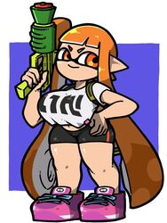 1girls animal_humanoid anthro bangs big_breasts bike_shorts breasts cephalopod cephalopod_humanoid hand_on_hip humanoid inkling inkling_girl kaori_(splatoon) large_breasts long_hair mask_(marking) nintendo omoitukan2 orange_eyes orange_hair pink_shoes pointy_ears pseudo_hair short_shorts short_sleeves shorts shortstack smiling solo splatoon splatoon_(series) splattershot squid standing tentacle tentacle_hair thick_thighs water_gun wide_hips