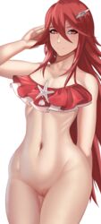 1girls arcedo bare_arms bare_legs bare_shoulders belly belly_button big_breasts bikini bottomless cordelia_(fire_emblem) cordelia_(summer)_(fire_emblem) exhibitionism female fingerless_gloves fire_emblem fire_emblem_awakening fire_emblem_heroes gloves hair_between_eyes hair_ornament long_hair looking_at_viewer medium_breasts midriff milf nintendo no_panties pussy red_bikini red_eyes red_hair red_swimsuit simple_background smile solo solo_female swimsuit thighs uncensored very_long_hair white_background wide_hips