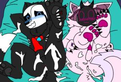 2boys asshole big_ass black_fur black_pawpads blue_eyes blushing bulge cum_everywhere cum_in_ass cum_in_pussy cum_on_tail cute deadtale dragon_tail femboy furry furry_only grabbing_paw grey_eyes horns knot legs_open neolet pawpads pink_ears pink_eyes pink_fur pink_pawpads protogen rings riskaver riskaver_(artist) visor yiff