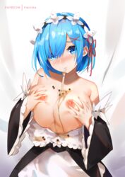 1girls bare_shoulders big_breasts blue_eyes blue_hair blush breasts breasts_out bubble_tea bubble_tea_challenge cleavage commentary detached_sleeves faicha female female_only food_play hair_ornament hair_over_one_eye hair_ribbon large_breasts looking_at_viewer maid maid_headdress maid_uniform nipples no_bra re:zero_kara_hajimeru_isekai_seikatsu red_ribbon rem_(re:zero) ribbon roswaal_mansion_maid_uniform short_hair solo source_request x_hair_ornament