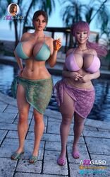 1futa 1girls 3d azzgard big_breasts breasts cleavage dark_hair earrings female futanari huge_breasts looking_at_viewer marioka_(azzgard) natalia_futanova navel_piercing pink_hair thick_thighs wide_hips