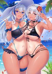 2girls alicia_renato_(yashiro_sousaku) beach big_breasts bikini blush breasts eyebrows_visible_through_hair female female_focus flower flower_in_hair hair hat heterochromia large_breasts long_hair looking_at_viewer nipples peace_sign short_hair standing swimsuit tan tan_skin tanline tanlines tanned tanned_skin thick_thighs tongue tongue_out tori_(puru0083) water white_hair white_hat wide_hips