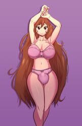 1futa arms_up bakuhaku balls big_balls big_breasts bra breasts brown_hair bulge cleavage clothed clothing futa_only futanari human large_breasts light-skinned_futanari light_skin lingerie long_hair looking_back mostly_nude pale_skin panties penis pink_panties small_penis solo