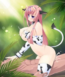 1boy amasa_mitsunaru animal_ears animal_print bangs blush breasts bridal_gauntlets closed_mouth commentary_request cow_ears cow_girl cow_horns cow_print cow_tail cowboy_shot cowgirl_position cum cum_in_pussy ejaculation elbow_gloves eyebrows_visible_through_hair female gloves hair_ribbon highres horns huge_breasts lactation long_hair nipples original panties pink_hair plant print_gloves print_legwear purple_eyes ribbon sex solo_focus straddling straight tail thighhighs underwear vaginal_penetration wavy_mouth wrist_cuffs