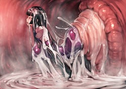 1girls black_hair bodily_fluids bodily_fluids_drip bodily_fluids_pool bodysuit closed_eyes covered_in_cum covered_nipples cum cum_bath female flesh_wall fluids impossible_bodysuit impossible_clothes inside_creature kamori_sayaka latex long_hair open_mouth original purple_bodysuit rindou_(radical_dream) shiny shiny_clothes skin_tight solo