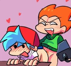 2boys animated blue_hair boyfriend_(friday_night_funkin) drooling femboy femboyfriend flushed friday_night_funkin gay gun hat male/male orange_hair pico_(newgrounds) stolida120 table white_shirt yaoi