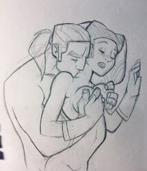 1boy 1girls 2018 big_breasts blush breasts canon_couple cleavage closed_eyes commission disney_xd groping hera_syndulla interspecies kanan_jarrus kissing_neck lucasfilm medium_hair milkytatiana monochrome nude open_mouth rough_sketch simple_background star_wars star_wars_rebels twi'lek white_background