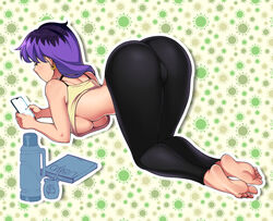 1girls ass ass_up back_view barefoot big_ass breasts cellphone crop_top earrings feet female female_only kneeling leggings long_hair looking_at_phone original original_character purple_hair sidney_(zeshgolden) soles solo thermos tight_clothing tight_pants underboob yoga_pants zeshgolden