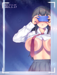 a.x. against_glass areola_slip areolae black_hair blush breast_press breasts breasts_on_glass breasts_out cellphone convenient_censoring dated female fingernails glint grey_skirt heart holding holding_phone huge_breasts large_breasts long_fingernails long_hair navel necktie necktie_covering_nipple nipple_slip original parted_lips phone recording red_neckwear school_uniform shirt_lift skirt solo steam uniform window