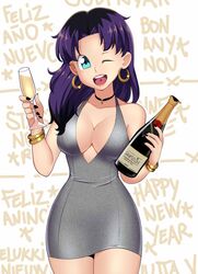 1girls alcohol blue_eyes bracelet breasts champagne champagne_glass choker cleavage deep_cleavage dress earrings female female_only fully_clothed happy_new_year hoop_earrings large_breasts long_fingernails long_hair looking_at_viewer minidress nail_polish one_eye_closed original original_character purple_hair sidney_(zeshgolden) solo tight_clothing tongue_piercing wink zeshgolden