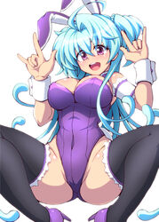 ahoge ass belly_button blue_hair breasts bunny_ears bunny_girl bunny_tail cagliostro_(symphogear) devil_horns_(gesture) eyebrows eyebrows_visible_through_hair eyelashes eyelashes_visible_through_hair happy high_heels hourglass_figure leotard looking_at_viewer purple_eyes purple_leotard senki_zesshou_symphogear squatting thighhighs zetsumu ztm