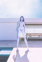 1girls 3d looking_up magisteriumart medium_breasts naked outside overwatch pinup pool shaved_pussy sunlight tattoo widowmaker