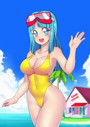 1girls blue_eyes blue_hair blue_sky breasts cleavage dragon_ball dragon_ball_z eyewear_on_head female female_only fully_clothed goggles goggles_on_head kame_house large_breasts long_fingernails long_hair looking_at_viewer maron ocean one-piece_swimsuit open_mouth revealing_clothes smile solo swimsuit tight_swimsuit waving yellow_one-piece_swimsuit yellow_swimsuit zeshgolden