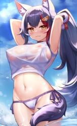 animal_ear_fluff animal_ears black_hair deaver hololive hololive_gamers hololive_japan kemonomimi large_breasts multicolored_hair nipples nipples_visible_through_clothing ookami_mio paid_reward streaked_hair swimsuit virtual_youtuber wet_clothes wet_shirt wolf_ears wolf_girl wolf_tail yellow_eyes