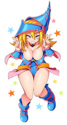 1girls blonde_hair blue_eyes blush_stickers breasts cleavage dark_magician_girl double_v female female_only hat large_breasts long_hair looking_at_viewer peace_sign shounen_jump smile solo yu-gi-oh! zeshgolden