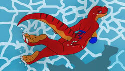 anthro ass bikini blue_bikini butt dinosaur emilioperezc2001 female furry looking_at_viewer orange_feet purple_eyes red_body smile swimmer swimming swimming_pool swimsuit swimwear tyrannosaurus_rex underwater water