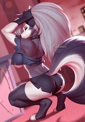 1girls ass big_breasts breasts choker collar crop_top female female_focus female_only furry goth hellhound helluva_boss long_hair loona_(helluva_boss) pakwan008 squatting tagme tail thick_thighs thighhighs thighs vivienne_medrano wolf