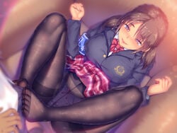 1boy a.x. armband blush bow brown_hair couch covered_navel erection erection_under_clothes eyebrows_visible_through_hair feet female footjob heart heart-shaped_pupils light_particles long_hair no_shoes open_mouth original panties panties_under_pantyhose pantyhose pink_bow pink_neckwear pink_ribbon plaid plaid_skirt purple_eyes ribbon ribbon_panties school_uniform see-through skirt smile standing sweat symbol-shaped_pupils tongue underwear uniform