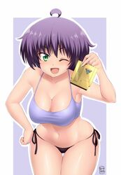 1girls alternate_breast_size alternate_version_available bikini_bottom bob_cut breasts cleavage clothed female female_only game_cartridge green_eyes hand_on_hip large_breasts looking_at_viewer navel nintendo one_eye_closed open_mouth purple_hair revealing_clothes short_hair skimpy smile solo thigh_gap wink zeshgolden