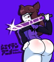 alternate_hairstyle ass ass_focus bottomless female holding_katana jaiden jaiden_animations kanji looking_down_at_viewer nude open_mouth purple_background purple_jacket semidraws thick_ass thighs title vagina youtube youtuber youtuber_girl