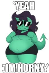 anne_(skiptty) big_belly big_breasts caption female female_focus furry furry_only green_skin hands_on_breasts overweight overweight_female skiptty smiling sunglasses tight_clothing