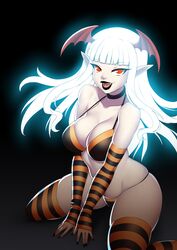 1girls alternate_version_available black_lipstick bra breasts choker cleavage elbow_gloves fangs female female_only glowing_hair head_wings hime_cut kneeling large_breasts lipstick looking_at_viewer nail_polish open_mouth original original_character pale_skin panties red_eyes smile solo striped_legwear thighhighs underwear vampire white_hair zeshgolden