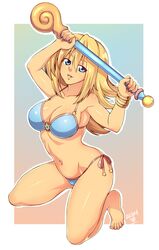 1girls 2016 barefoot bikini blonde_hair blue_eyes bracelet breasts cleavage dark_magician_girl female female_only fully_clothed kneeling looking_at_viewer navel pentagram pinup posing revealing_clothes shounen_jump smile solo staff swimsuit yu-gi-oh! zeshgolden