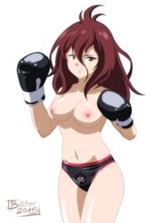 1girls belly black_boxing_gloves black_gloves boxing_gloves breasts butcherstudios emblem female female_only gakusen_toshi_asterisk gloves half_naked looking_at_viewer nipples panties red_eyes red_hair smile solo solo_female thighs urzaiz_irene