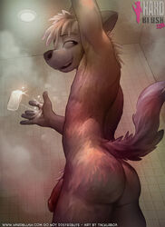 1boy anthro armpits ass canine furry furry_ears furry_only furry_tail gay male male_only naked nude penis pubes pubic_hair shower smile soap solo solo_male steam tacklebox tail uncircumcised uncut yaoi