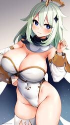 1girls 9:16 absurd_res aged_up alternate_breast_size big_breasts blue_eyes blush breasts cameltoe curvy_figure cute female genshin_impact hi_res high_resolution huge_breasts leotard long_hair marota_(imyme_maro) paimon_(genshin_impact) silver_hair solo standing thick_thighs very_high_resolution wide_hips