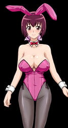 animal_ears bare_shoulders black_background blush bow bowtie breasts bunny_ears cleavage clothing covered_erect_nipples cowboy_shot erect_nipples erect_nipples_under_clothes fake_animal_ears female fishnet_legwear fishnets groin highres hoshizora_ikuyo large_breasts legs leotard long_hair looking_at_viewer milf playboy_bunny ponytail precure pretty_cure purple_hair red_eyes simple_background smile_precure solo standing t-aoba thighs wrist_cuffs