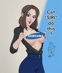 1girls callmepo censored comparison dialogue female flashing happy_female horny_female logo looking_at_viewer samsung samsung_sam solo thin thin_female