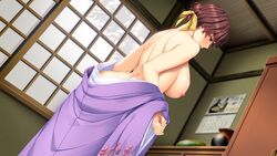 bangs breasts brown_eyes brown_hair doukyuusei dutch_angle eyebrows_visible_through_hair female floral_print game_cg hair_between_eyes hair_ribbon highres huge_breasts japanese_clothes kimono nipples official_art parted_lips print_kimono profile purple_kimono ribbon shingyouji_reiko shiny shiny_hair short_hair shoulder_blades solo standing sumeragi_kohaku undressing wide_sleeves yellow_ribbon