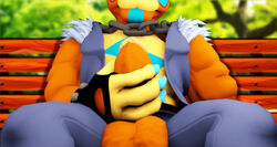 2021 3d abs absurd_res anthro armwear balls bodypaint bracelet clothed clothing collar colored_nails facepaint fapping fat_cock five_nights_at_freddy's five_nights_at_freddy's:_security_breach fur glamrock_freddy_(fnaf) glamrock_freddy_(fury's_rage) grabbing_penis holding_penis huge_penis jerking jerkingoff male male_only mammal multicolored_body multicolored_fur muscles muscular muscular_male nature_background nsfwfrasty21 orange_body orange_fur penis security_breach_fury's_rage sitting solo solo_male spiked_bracelet spikes tree video_games