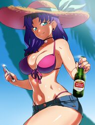 1girls beach beer beer_bottle bikini blue_eyes breasts cellphone choker cleavage denim_shorts earrings female female_only happy hat long_fingernails long_hair navel original original_character outdoors palm_trees pink_nail_polish purple_hair shiny_skin short_shorts shorts sidney_(zeshgolden) sky smartphone smile solo solo_female stella_artois sun_hat sunhat sunny thick_thighs tomboy trees two_tone_hair zeshgolden